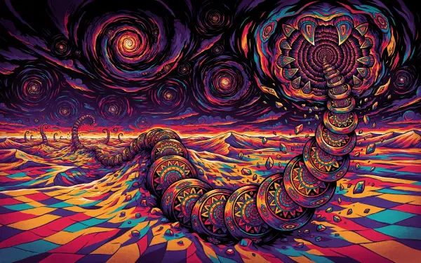 Psychedelic surreal sandworm crawling across a vivid alien landscape, 4K Ultra HD PC desktop wallpaper and background.