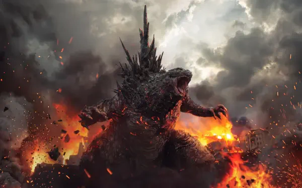 Godzilla Minus Zero rises amid fire, explosions, smoke, and flying embers in this 5K Ultra HD PC desktop wallpaper.
