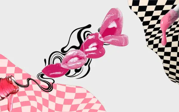 Pink fashion girl boss HD PC desktop wallpaper with glossy lips, bold checkerboard and gingham patterns, and a playful pink aesthetic.