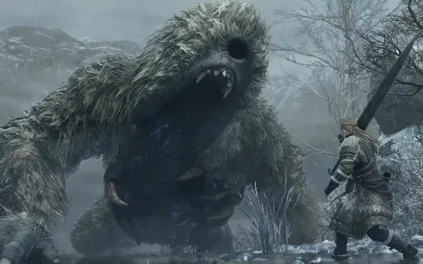 4K Ultra HD Dragon’s Dogma 2: Dark Arisen PC wallpaper featuring a towering yeti monster facing an armored warrior in a snowy forest.