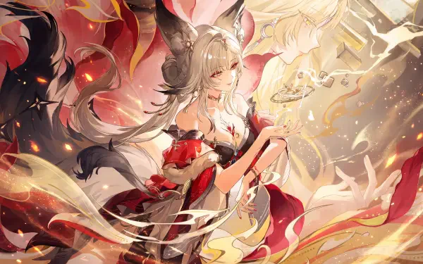 Hsin from Wuthering Waves in a flowing red outfit, anime girl amid golden light and swirling petals, 5K Ultra HD PC desktop wallpaper and background.