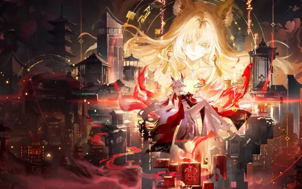 Hsin from Wuthering Waves glows amid a futuristic red city in this 5K Ultra HD anime PC desktop wallpaper and background.