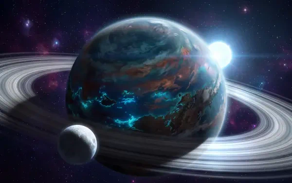 A glowing ringed exoplanet and nearby moon in deep space, featured in a 5K Ultra HD PC desktop wallpaper and background.