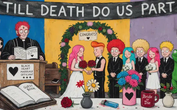 Cartoon bride and groom exchange vows beneath a floral wedding arch in a quirky marriage ceremony, featured in a 2K Quad HD PC desktop wallpaper.