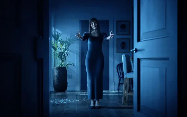 Other Mommy (2026) 4K Ultra HD PC desktop wallpaper showing a mysterious woman in a dark, blue-lit hallway.