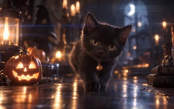 Spooky cute black cat beside a glowing jack-o’-lantern in a candlelit Halloween scene, 4K Ultra HD PC desktop wallpaper and background.