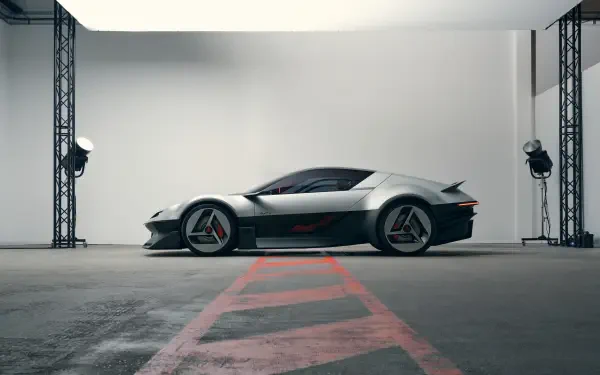 Alpine A310 Vision concept sports car in a modern studio, featured in a 5K Ultra HD desktop wallpaper and background.