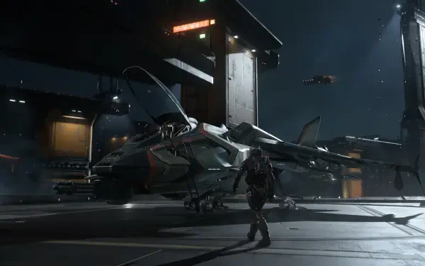 Squadron 42 and Star Citizen 4K Ultra HD wallpaper featuring a futuristic sci-fi jet fighter in a hangar beside a pilot.