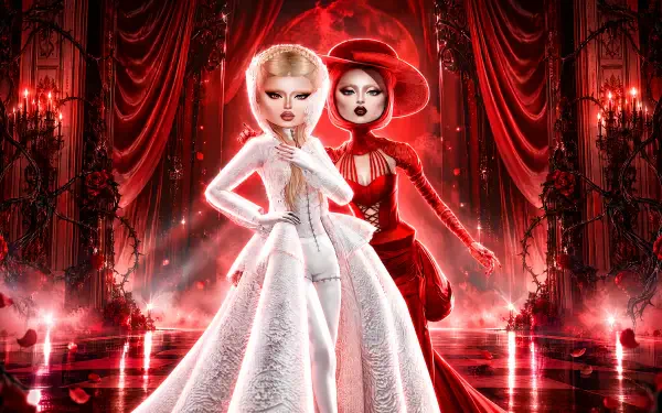 Roblox Dress to Impress fashion models in white and red gowns on a dramatic runway, 4K Ultra HD PC desktop wallpaper.