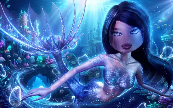 Roblox Dress to Impress mermaid with a shimmering blue tail in a glowing underwater world, 5K Ultra HD PC desktop wallpaper.