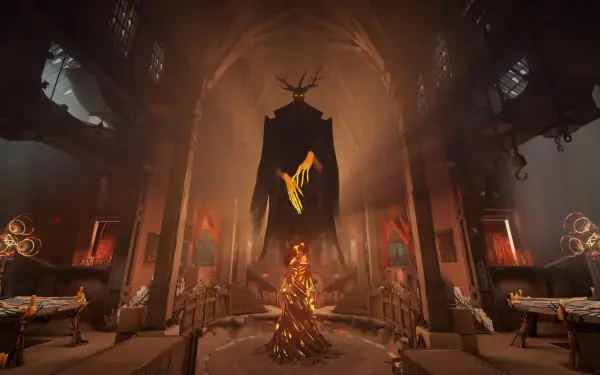 Deadlock (2024) HD PC desktop wallpaper of a blazing altar beneath a towering figure in a dark cathedral.
