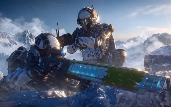 Helldivers 2 sci-fi soldiers in armor wielding a futuristic weapon in a snowy mountain battle, 5K Ultra HD PC desktop wallpaper.