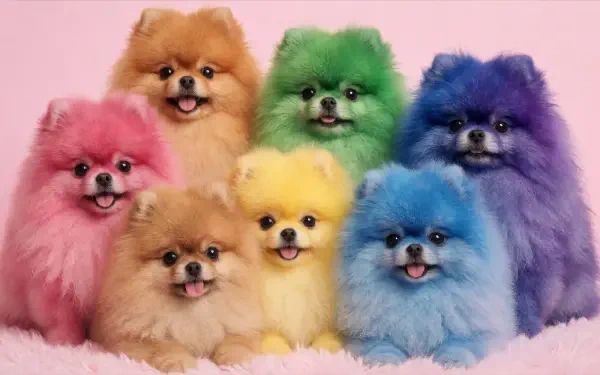 Colorful Pomeranian puppies in pink, orange, green, yellow, and blue on a pink backdrop, 2K Quad HD desktop wallpaper background.