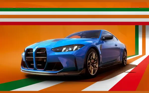 Blue BMW M4 on a vivid racing backdrop in Forza Horizon 6 Series 6, featured as an HD PC desktop wallpaper and background.