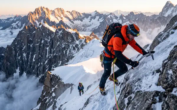 Mountaineer ice climbing a steep snowy peak above dramatic alpine mountains, 5K Ultra HD PC desktop wallpaper background.