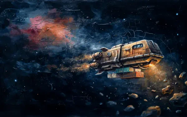 A rugged cargo spaceship drifts through a starry nebula and asteroid field in this 4K Ultra HD sci-fi PC desktop wallpaper and background.