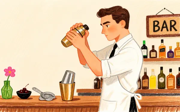 Illustrated bartender shaking a cocktail shaker behind a stocked bar, 4K Ultra HD PC desktop wallpaper and background.