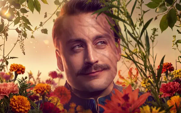 Caesar Flickerman from The Hunger Games, mustached man portrait among autumn flowers, 5K Ultra HD PC desktop wallpaper.