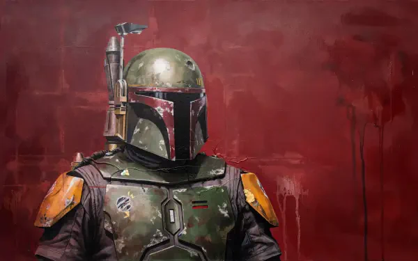 Boba Fett in Mandalorian armor against a dramatic red backdrop, Star Wars 4K Ultra HD PC desktop wallpaper