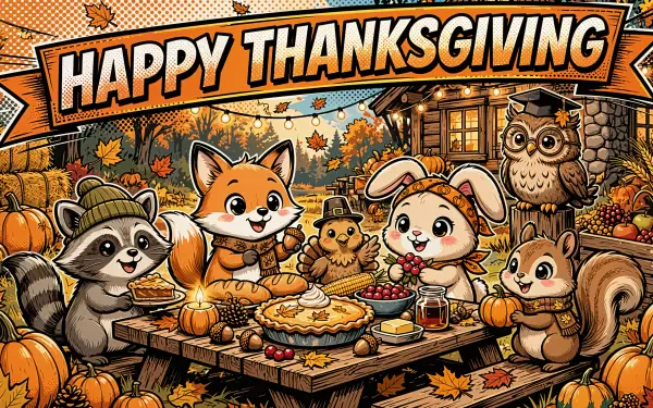 Cute Thanksgiving cartoon animal feast with foxes, rabbits, raccoon, and owl around a festive table, in a 4K Ultra HD PC desktop wallpaper background.