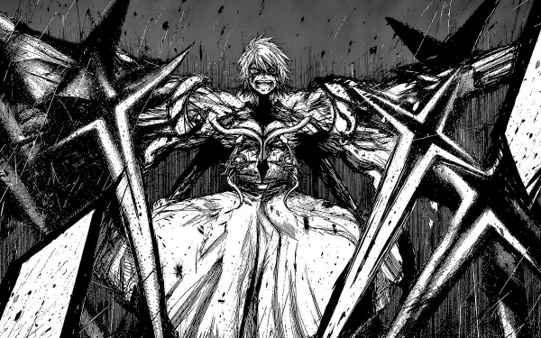 Black-and-white Tokyo Ghoul:re manga artwork of a white-haired character with arms outstretched, in a 5K Ultra HD PC desktop wallpaper and background.