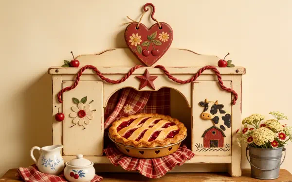 Rustic kitchen decor with a golden lattice cherry pie, red gingham cloth, and whimsical fruit accents, featured in a 4K Ultra HD PC desktop wallpaper and background.
