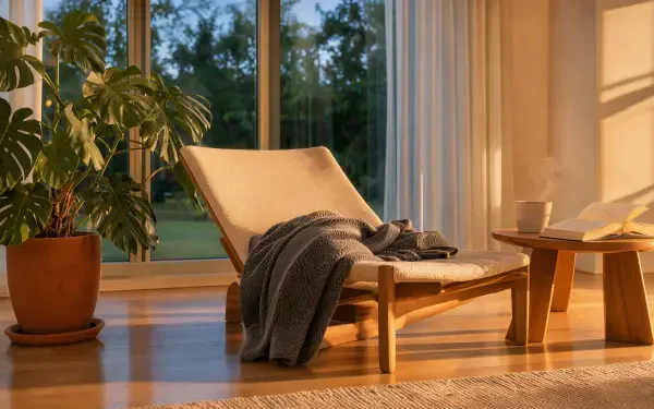 Sunlit living room with a lounge chair, cozy throw, and houseplants, 4K Ultra HD PC desktop wallpaper and background.