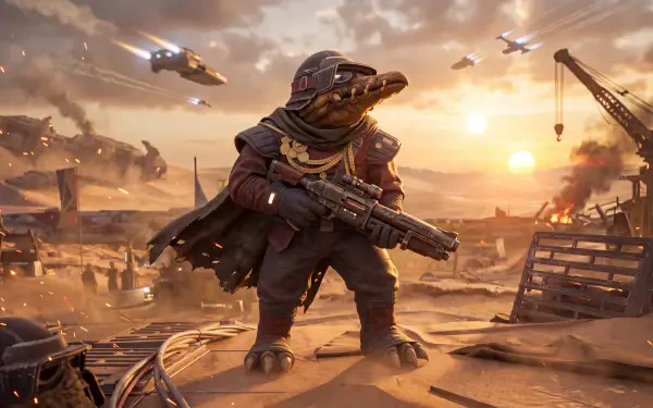 Biddy Blas Star Wars: Galactic Racer soldier in a desert battle scene, 5K Ultra HD PC desktop wallpaper