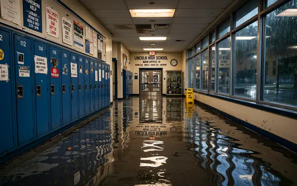 Flooded high school hallway with blue lockers and reflections, 4K Ultra HD PC desktop wallpaper and background.