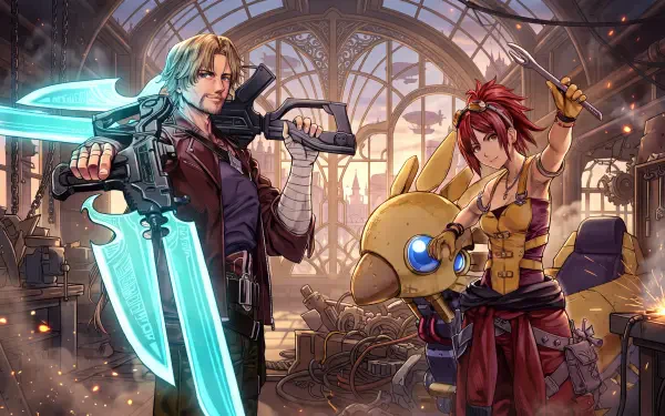 Final Fantasy Resonance anime wallpaper featuring two warriors with glowing weapons in a grand hall, 5K Ultra HD PC desktop background.