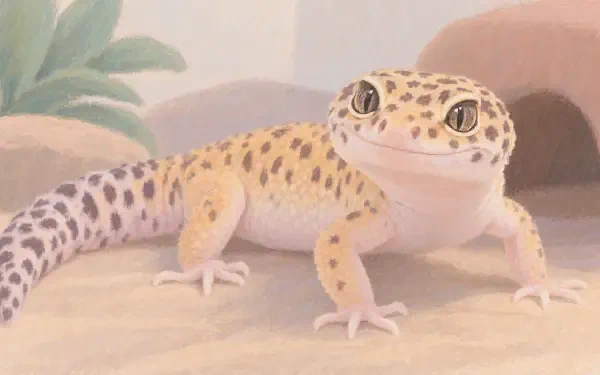 Illustrated leopard gecko with spotted markings on a warm sandy background, 4K Ultra HD PC desktop wallpaper and background.