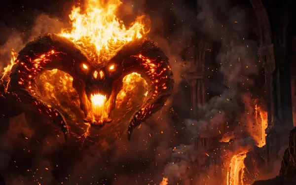 Fiery Balrog demon from The Lord of the Rings: The Rings of Power, featured in a 5K Ultra HD PC desktop wallpaper and background.