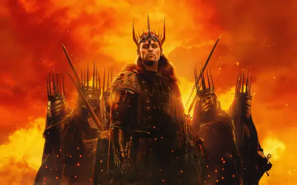 Sauron, the dark king and warrior, stands before fiery skies in The Lord of the Rings: The Rings of Power 4K Ultra HD PC desktop wallpaper.