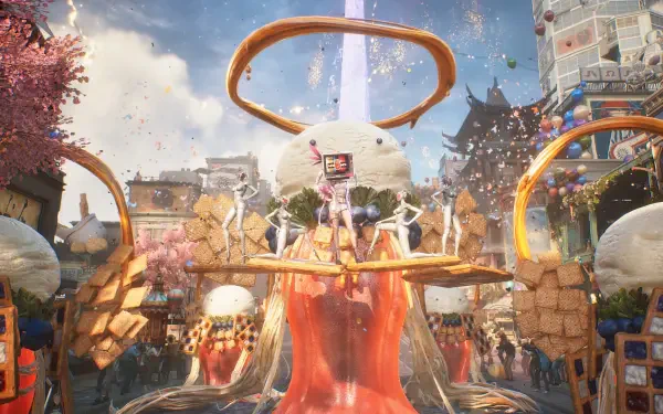 Surreal Ordinary Oddness parade with a towering ringed figure and colorful crowd, HD PC desktop wallpaper and background.