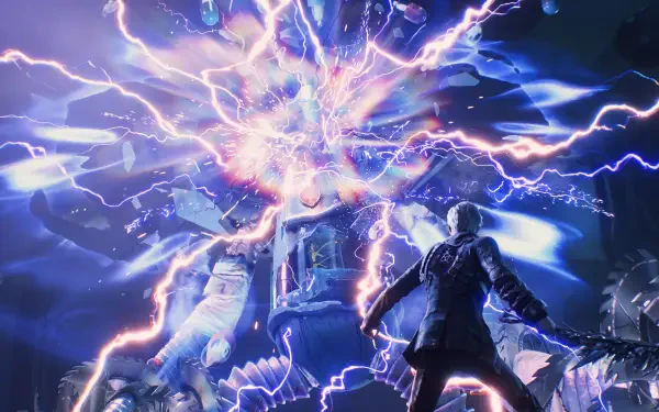 Ordinary Oddness sci-fi video game scene with a figure facing a brilliant lightning explosion, featured as an HD PC desktop wallpaper.