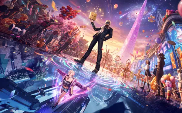 Ordinary Oddness sci-fi video game art of a man floating above a futuristic city, 5K Ultra HD PC desktop wallpaper and background.