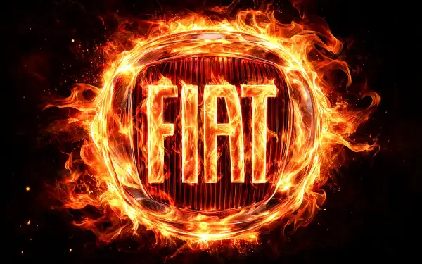 Fiat logo engulfed in flames on a dark background, 4K Ultra HD PC desktop wallpaper.