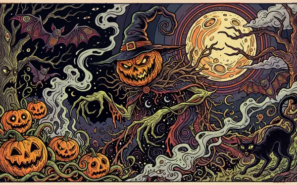Dark Halloween 5K Ultra HD PC desktop wallpaper featuring a sinister pumpkin-headed witch, glowing jack-o’-lanterns, a full moon, and swirling spooky vines.