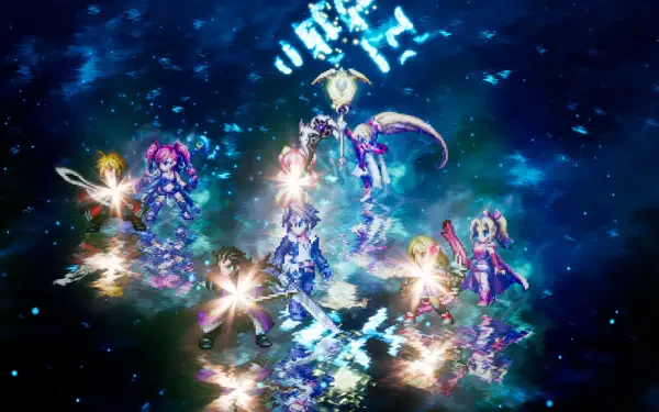 Final Fantasy Resonance anime magical girls amid glowing crystals and cosmic blue light, 4K Ultra HD PC desktop wallpaper and background.