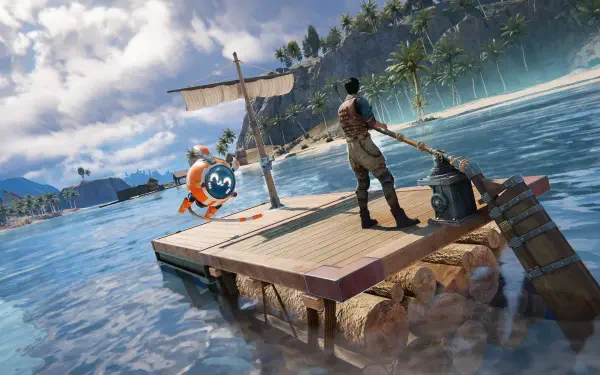Once Human 4K Ultra HD PC desktop wallpaper featuring a fisherman on a wooden raft over blue water, with a sailboat and distant mountains.