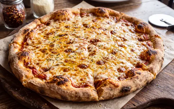 Golden cheese pizza with a crisp, charred crust on a wooden table, featured in a 5K Ultra HD PC desktop wallpaper and background.