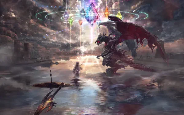 Final Fantasy Resonance 5K Ultra HD PC desktop wallpaper of a warrior confronting a dragon amid glowing magic.