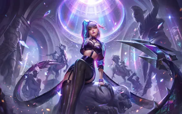Anime-style K/DA Evelynn from League of Legends in a dramatic neon-lit scene, featured in a 5K Ultra HD PC desktop wallpaper.