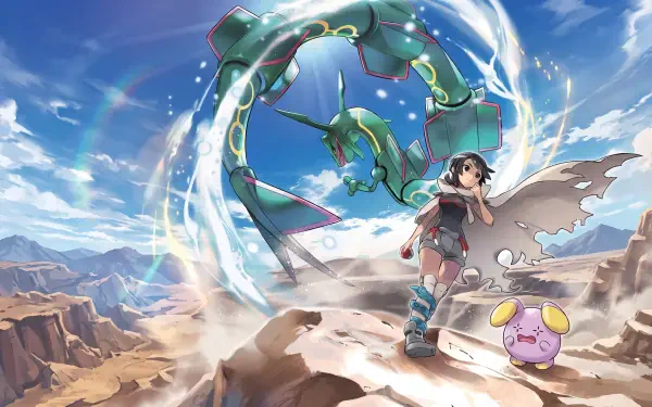 Rayquaza and an anime girl race across a rocky landscape beneath a blue sky, with a small Pokémon nearby—5K Ultra HD PC desktop wallpaper.