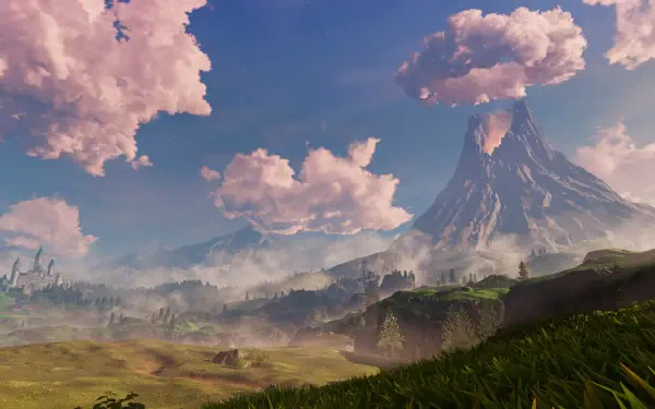 The Legend of Zelda: Ocarina of Time (2026) 2K Quad HD PC desktop wallpaper featuring a towering mountain beneath pink clouds.