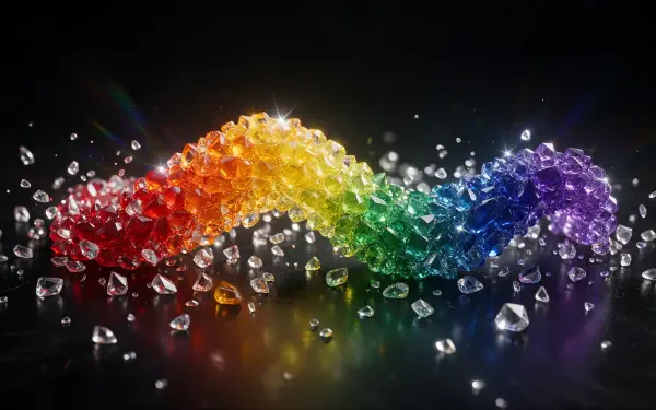 Rainbow spectrum of sparkling crystals and gemstones on a dark background, 4K Ultra HD PC desktop wallpaper.