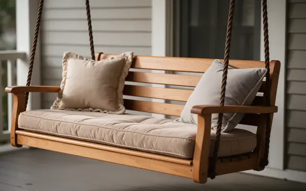 Wooden porch swing bench with neutral cushions on a veranda, 4K Ultra HD PC desktop wallpaper and background.
