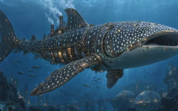 Sci-fi whale shark submarine gliding underwater, 4K Ultra HD PC desktop wallpaper and background.