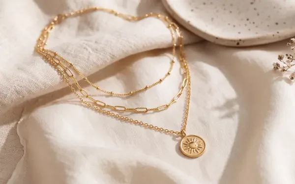 5K Ultra HD desktop wallpaper featuring layered gold necklaces and a sunburst pendant on a soft cream background.