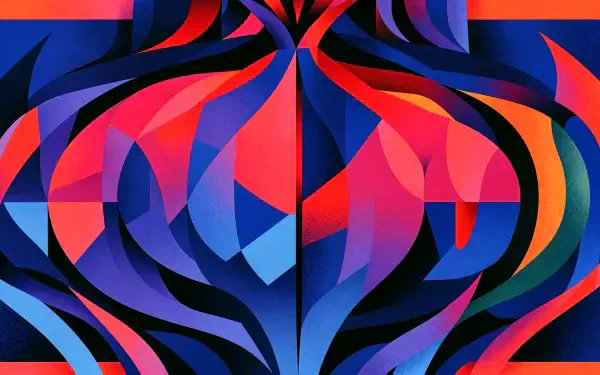 Colorful abstract onion-inspired geometric pattern in vivid red, blue, and purple, featured as a 4K Ultra HD desktop wallpaper.